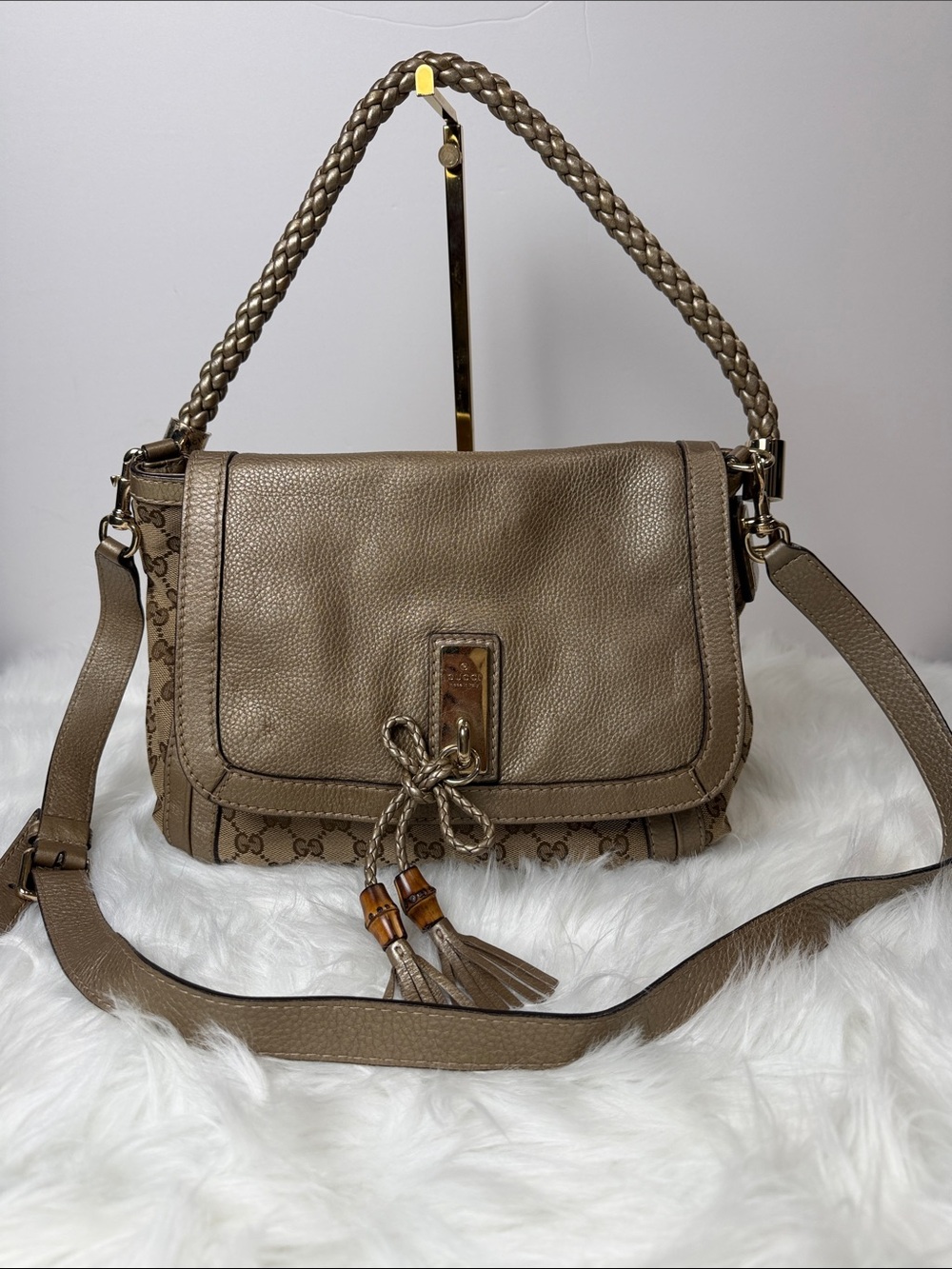 Gucci GG Monogram Canvas Leather Tassel Bamboo Shoulder Crossbody Bag